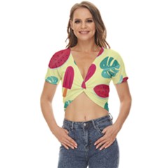 Watermelon Leaves Cherry Background Pattern Twist Front Crop Top