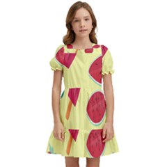 Watermelon Leaves Cherry Background Pattern Kids  Puff Sleeved Dress