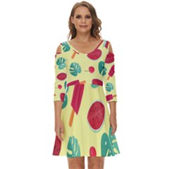 Watermelon Leaves Cherry Background Pattern Shoulder Cut Out Zip Up Dress