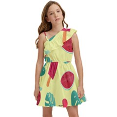 Watermelon Leaves Cherry Background Pattern Kids  One Shoulder Party Dress