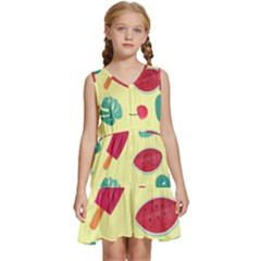 Watermelon Leaves Cherry Background Pattern Kids  Sleeveless Tiered Mini Dress