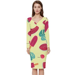 Watermelon Leaves Cherry Background Pattern Long Sleeve V-neck Bodycon Dress 