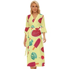 Watermelon Leaves Cherry Background Pattern Midsummer Wrap Dress