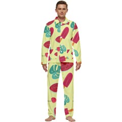 Watermelon Leaves Cherry Background Pattern Men s Long Sleeve Velvet Pocket Pajamas Set