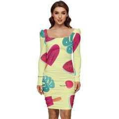 Watermelon Leaves Cherry Background Pattern Women Long Sleeve Ruched Stretch Jersey Dress