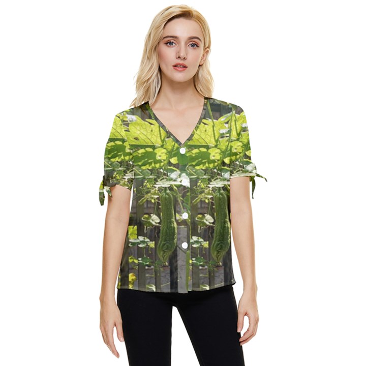 Bitter Melon Bow Sleeve Button Up Top