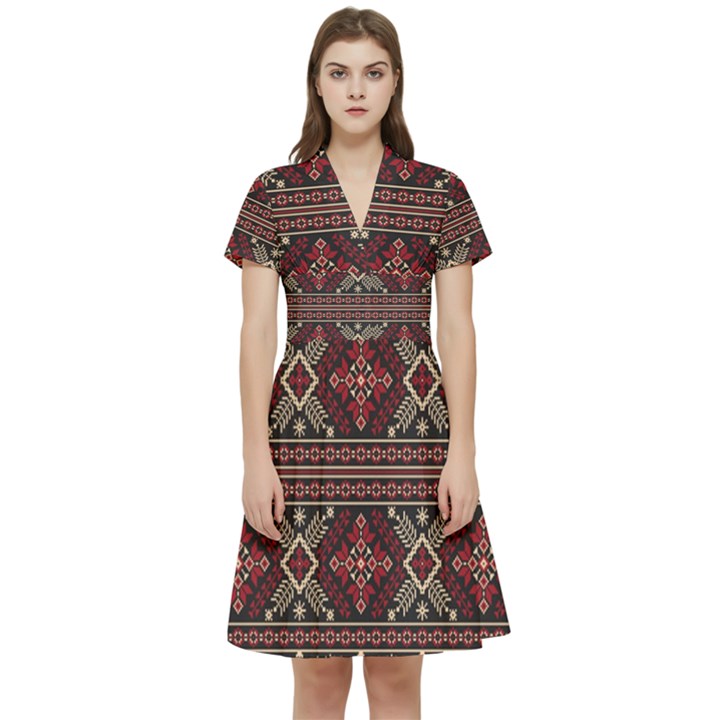 Ukrainian-folk-seamless-pattern-ornament Short Sleeve Waist Detail Dress