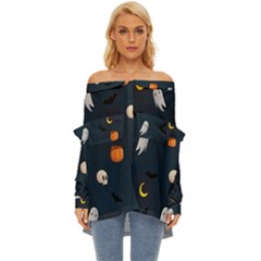 Halloween Off Shoulder Chiffon Pocket Shirt