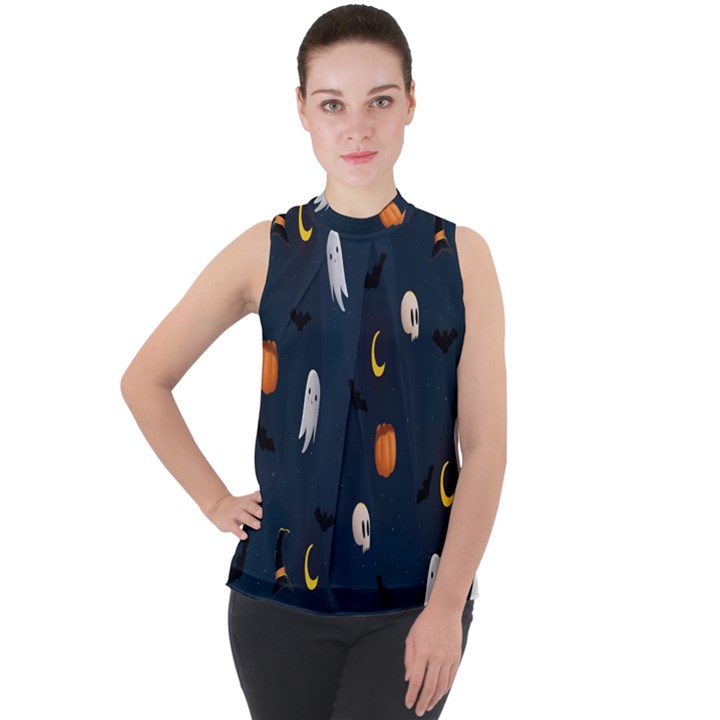 Halloween Mock Neck Chiffon Sleeveless Top