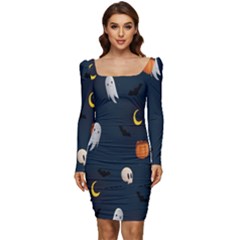 Halloween Women Long Sleeve Ruched Stretch Jersey Dress