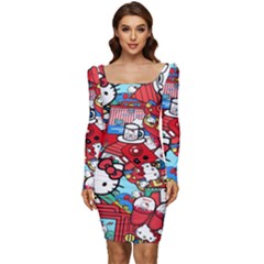 Hello-kitty Women Long Sleeve Ruched Stretch Jersey Dress