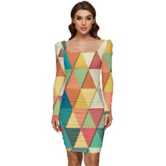 Geometric Women Long Sleeve Ruched Stretch Jersey Dress