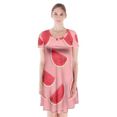 Water Melon Red Short Sleeve V-neck Flare Dress by nate14shop