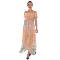 Peach Spring Frost On Flowers Fractal Off Shoulder Open Front Chiffon Dress by Artist4God