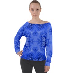 Blue Sky Over The Bluebells Frost Fractal Off Shoulder Long Sleeve Velour Top