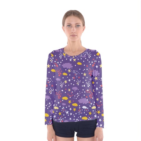 Pattern-cute-clouds-stars Women s Long Sleeve Tee by Jancukart