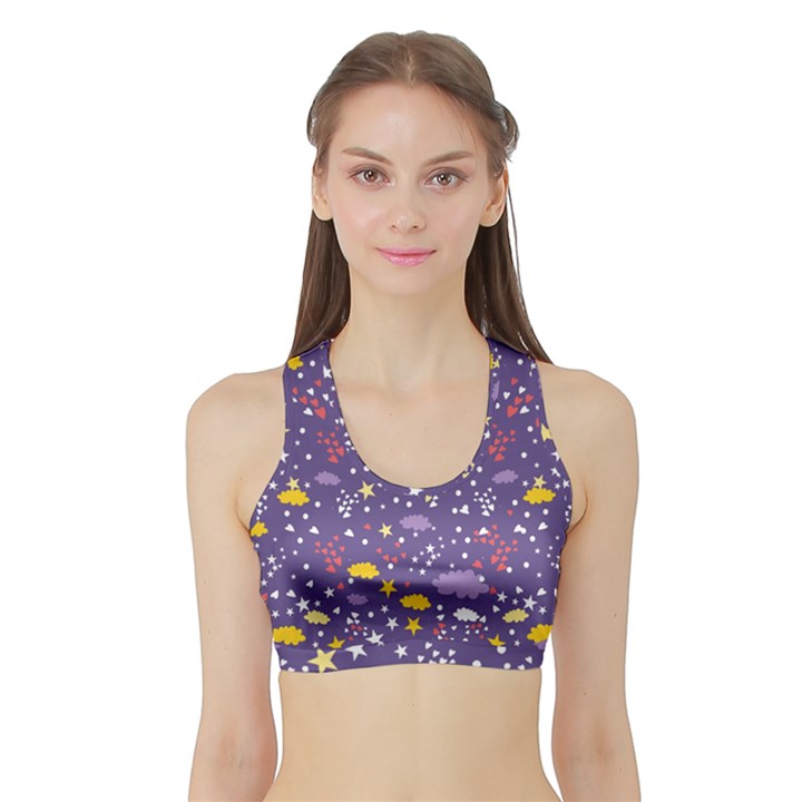 Pattern-cute-clouds-stars Sports Bra with Border