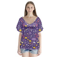 Pattern-cute-clouds-stars V-neck Flutter Sleeve Top