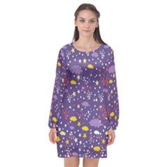 Pattern-cute-clouds-stars Long Sleeve Chiffon Shift Dress  by Jancukart