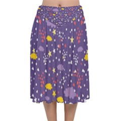 Pattern-cute-clouds-stars Velvet Flared Midi Skirt by Jancukart