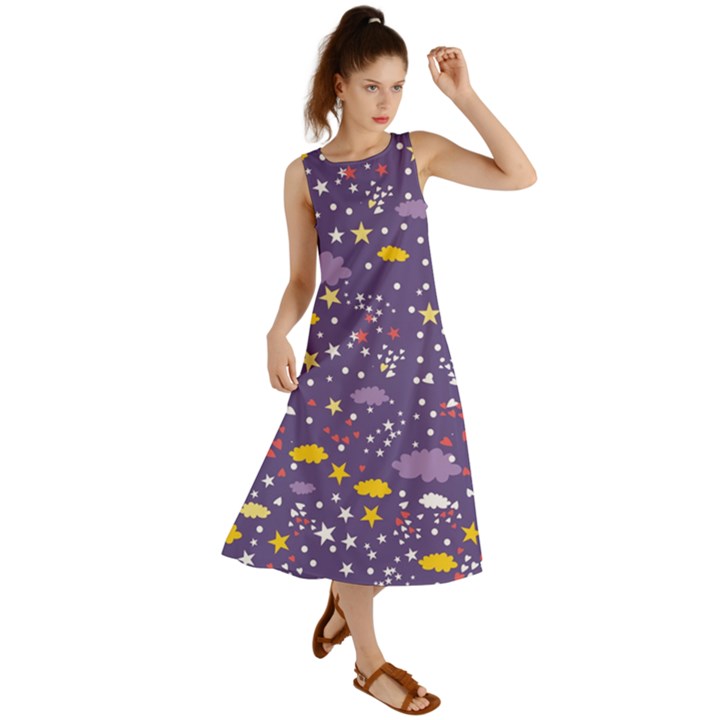 Pattern-cute-clouds-stars Summer Maxi Dress