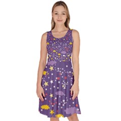 Pattern-cute-clouds-stars Knee Length Skater Dress With Pockets