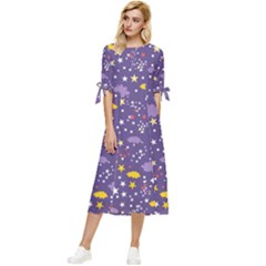 Pattern-cute-clouds-stars Bow Sleeve Chiffon Midi Dress by Jancukart