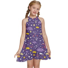 Pattern-cute-clouds-stars Kids  Halter Collar Waist Tie Chiffon Dress