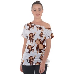 Monkey-seamless-pattern Off Shoulder Tie-up Tee