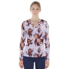 Monkey-seamless-pattern V-neck Long Sleeve Top by Jancukart