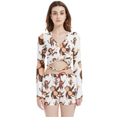 Monkey-seamless-pattern Velvet Wrap Crop Top And Shorts Set