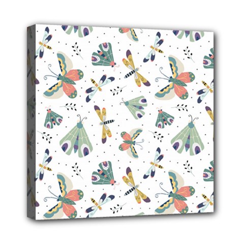 Seamless-pattern-with-moth-butterfly-dragonfly-white-backdrop Mini Canvas 8  X 8  (stretched)