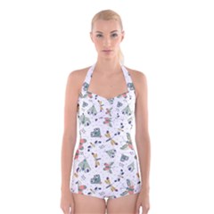 Seamless-pattern-with-moth-butterfly-dragonfly-white-backdrop Boyleg Halter Swimsuit 