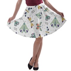 Seamless-pattern-with-moth-butterfly-dragonfly-white-backdrop A-line Skater Skirt