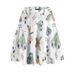 Seamless-pattern-with-moth-butterfly-dragonfly-white-backdrop High Waist Skirt