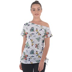 Seamless-pattern-with-moth-butterfly-dragonfly-white-backdrop Off Shoulder Tie-up Tee