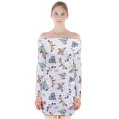 Seamless-pattern-with-moth-butterfly-dragonfly-white-backdrop Long Sleeve Off Shoulder Dress