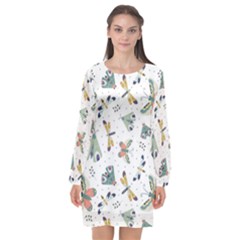 Seamless-pattern-with-moth-butterfly-dragonfly-white-backdrop Long Sleeve Chiffon Shift Dress 