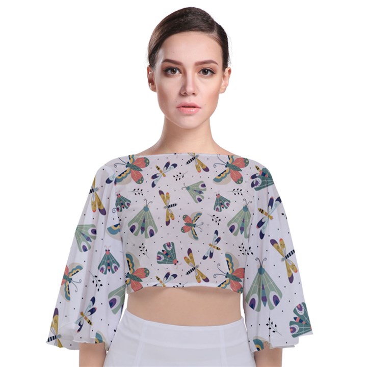 Seamless-pattern-with-moth-butterfly-dragonfly-white-backdrop Tie Back Butterfly Sleeve Chiffon Top