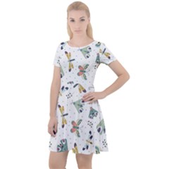 Seamless-pattern-with-moth-butterfly-dragonfly-white-backdrop Cap Sleeve Velour Dress 