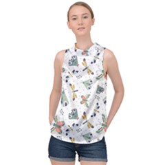 Seamless-pattern-with-moth-butterfly-dragonfly-white-backdrop High Neck Satin Top