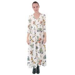 Seamless-pattern-with-moth-butterfly-dragonfly-white-backdrop Button Up Maxi Dress