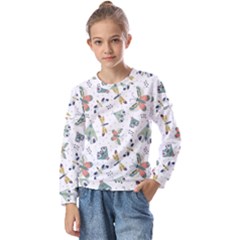 Seamless-pattern-with-moth-butterfly-dragonfly-white-backdrop Kids  Long Sleeve Tee With Frill 