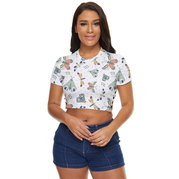 Seamless-pattern-with-moth-butterfly-dragonfly-white-backdrop Side Button Cropped Tee