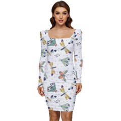 Seamless-pattern-with-moth-butterfly-dragonfly-white-backdrop Women Long Sleeve Ruched Stretch Jersey Dress