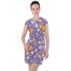 Vector-seamless-pattern-with-butterflies-beetles Drawstring Hooded Dress