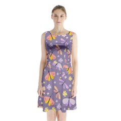 Vector-seamless-pattern-with-butterflies-beetles Sleeveless Waist Tie Chiffon Dress