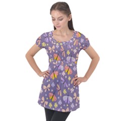 Vector-seamless-pattern-with-butterflies-beetles Puff Sleeve Tunic Top