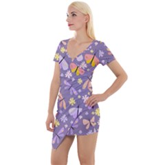 Vector-seamless-pattern-with-butterflies-beetles Short Sleeve Asymmetric Mini Dress