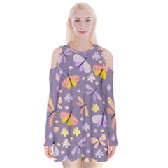 Vector-seamless-pattern-with-butterflies-beetles Velvet Long Sleeve Shoulder Cutout Dress